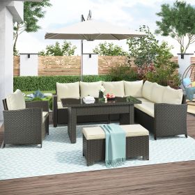 Patio Furniture Set; 6 Piece Outdoor Conversation Set; Dining Table Chair with Bench and Cushions - Beige