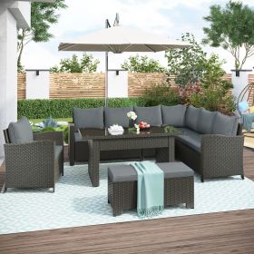 Patio Furniture Set; 6 Piece Outdoor Conversation Set; Dining Table Chair with Bench and Cushions - Gray