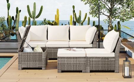 6-Piece Outdoor Sofa Set; PE Wicker Rattan Sofa with 2 Corner Chairs; 2 Single Chairs; 1 Ottoman and 1 Storage Table; All-weather Conversational Furni