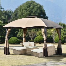 10ft W*12ft L Outdoor Double Vents Gazebo Patio Metal Canopy with Screen and LED Lights for Backyard; Poolside; Brown - Brown