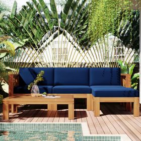 Outdoor Backyard Patio Wood 5-Piece Sectional Sofa Seating Group Set with Cushions; Natural Finish+ Beige Cushions - Blue