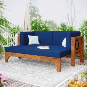 Outdoor Patio Extendable Wooden Sofa Set Sectional Furniture Set with Thick Cushions for Balcony; Backyard; Poolside; Brown Finish+Blue Cushion - Blue