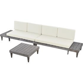 Outdoor 3-Piece Patio Furniture Set Solid Wood Sectional Sofa Set with Coffee Table Conversation Set with Side Table and Cushions; Grey+Beige - Beige