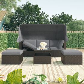 Outdoor Patio Rectangle Daybed with Retractable Canopy, Wicker Furniture Sectional Seating with Washable Cushions, Backyard, Porch - Gray