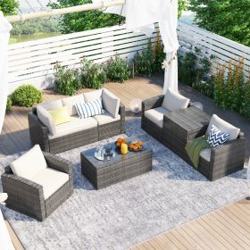 Patio Furniture Sets;  7-Piece Patio Wicker Sofa ;  Cushions;  Chairs ;  a Loveseat ;  a Table and a Storage Box - Beige