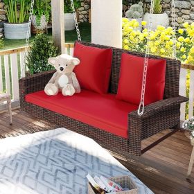 2-Person Wicker Hanging Porch Swing with Chains; Cushion; Pillow; Rattan Swing Bench for Garden; Backyard; Pond. (Brown Wicker; Beige Cushion) - Red