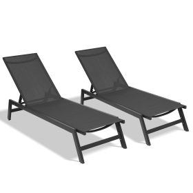 Outdoor 2-Pcs Set Chaise Lounge Chairs; Five-Position Adjustable Aluminum Recliner; All Weather for Patio; Beach; Yard; Pool  - Black