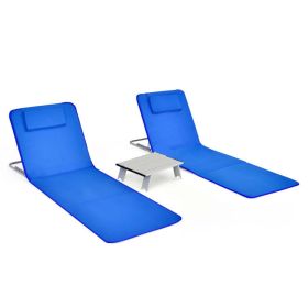 3 Pieces Beach Lounge Chair Mat Set 2 Adjustable Lounge Chairs with Table Stripe - Blue