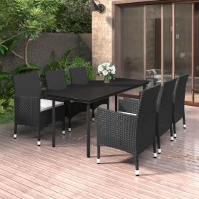 7 Piece Patio Dining Set with Cushions Poly Rattan and Glass - Black