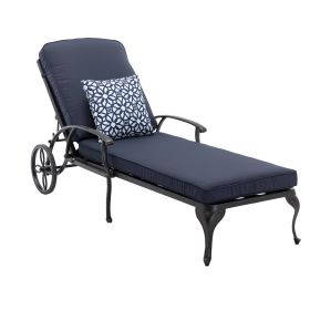 Chaise Lounge Outdoor Chair with Navy Blue Cushions, Aluminum Pool Side Sun Lounges with Wheels Adjustable Reclining, Patio Furniture Set - as Pic