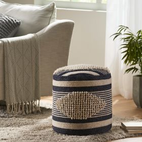 Lucknow Boho Handcrafted Fabric Cylinder Pouf, White and Denim Blue - as Pic