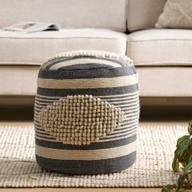 Lucknow Boho Handcrafted Fabric Cylinder Pouf, White and Navy Blue - as Pic