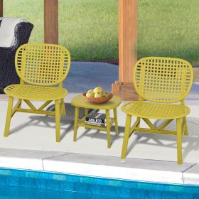 3 Pieces Hollow Design Patio Table Chair Set All Weather Conversation Bistro Set Outdoor Coffee Table with Open Shelf and Lounge Chairs with Widened S