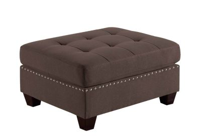 Living Room Furniture Tufted Ottoman Black Coffee Linen Like Fabric 1pc Ottoman Cushion Nail heads Wooden Legs - as Pic