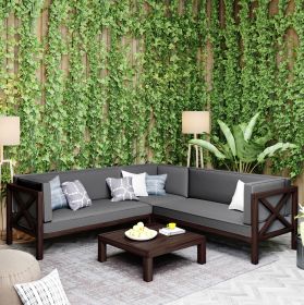 Outdoor Wood Patio Backyard 4-Piece Sectional Seating Group with Cushions and Table X-Back Sofa Set for Small Places - Gray