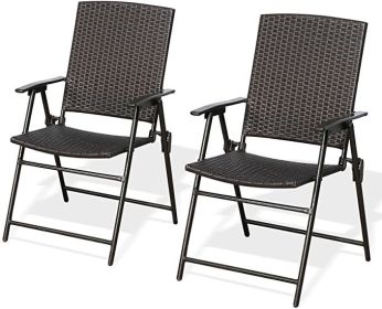 Rattan Folding Outdoor Patio Dining Chairs with Armrest Foldable Wicker Chairs Set of Two - 2 Packs