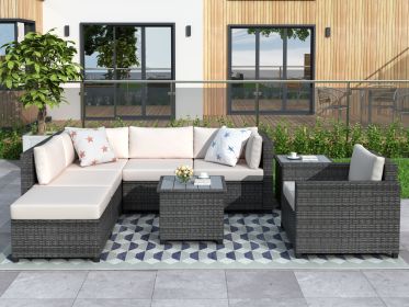 8 Piece Rattan Sectional Seating Group with Cushions, Patio Furniture Sets, Outdoor Wicker Sectional - Beige