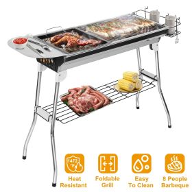 Foldable BBQ Grill Portable Charcoal Barbeque Grill Stainless Steel BBQ Grill For Picnic Camping - Silver