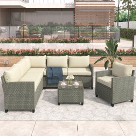 Patio Furniture Set, 5 Piece Outdoor Conversation Set, with Coffee Table, Cushions and Single Chair - Beige