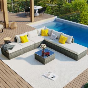 8-Pieces Outdoor Patio Furniture Sets, Garden Conversation Wicker Sofa Set, Single Sofa Combinable, Beige Cushions Gray Wicker - Beige