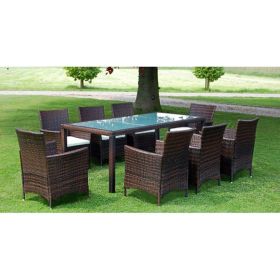 9 Piece Patio Dining Set with Cushions Poly Rattan Brown - Brown