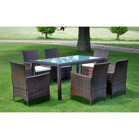 7 Piece Patio Dining Set with Cushions Poly Rattan Brown - Brown