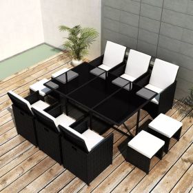 11 Piece Patio Dining Set with Cushions Poly Rattan Black - Black