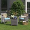 3 PCS Outdoor Patio Furniture PE-Rattan Wicker Table and Chairs Set Bar Set W/ Cushioned Tempered Glass (Brown/Aqua) - Brown/Aqua