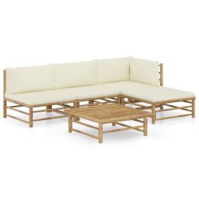 5 Piece Patio Lounge Set with Cream White Cushions Bamboo - Brown