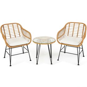 3 Pieces Rattan Furniture Set with Cushioned Chair Table - White