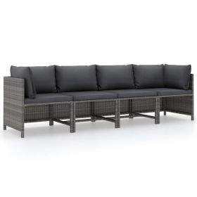 4-Seater Patio Sofa with Cushions Gray Poly Rattan - Grey