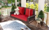 2-Person Wicker Hanging Porch Swing with Chains; Cushion; Pillow; Rattan Swing Bench for Garden; Backyard; Pond. (Brown Wicker; Beige Cushion) - Red