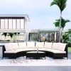 5 Pieces All-Weather Brown PE Rattan Wicker Sofa Set Outdoor Patio Sectional Furniture Set Half-Moon Sofa Set with Tempered Glass Table - Beige