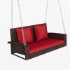 GO 2-Person Wicker Hanging Porch Swing with Chains, Cushion, Pillow, Rattan Swing Bench for Garden, Backyard, Pond. (Brown Wicker, Red Cushion) - as P