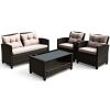 4 Pieces Outdoor Rattan Armrest Furniture Set Table with Lower Shelf - Brown