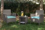 3 PCS Outdoor Patio Furniture PE-Rattan Wicker Table and Chairs Set Bar Set W/ Cushioned Tempered Glass (Brown/Aqua) - Brown/Aqua