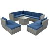 9 Piece Rattan Sectional Seating Group with Cushions and Ottoman, Patio Furniture Sets, Outdoor Wicker Sectional - Grey