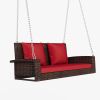 2-Person Wicker Hanging Porch Swing with Chains; Cushion; Pillow; Rattan Swing Bench for Garden; Backyard; Pond. (Brown Wicker; Beige Cushion) - Red