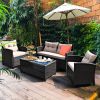 4 Pieces Outdoor Rattan Armrest Furniture Set Table with Lower Shelf - Brown