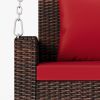 2-Person Wicker Hanging Porch Swing with Chains; Cushion; Pillow; Rattan Swing Bench for Garden; Backyard; Pond. (Brown Wicker; Beige Cushion) - Red