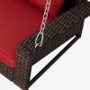 2-Person Wicker Hanging Porch Swing with Chains; Cushion; Pillow; Rattan Swing Bench for Garden; Backyard; Pond. (Brown Wicker; Beige Cushion) - Red