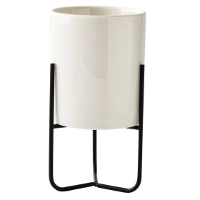 Gold-plated Iron Vase Simple Iron Frame Ceramic Flower Pot (Option: Black Frame High Basin-Perforated)